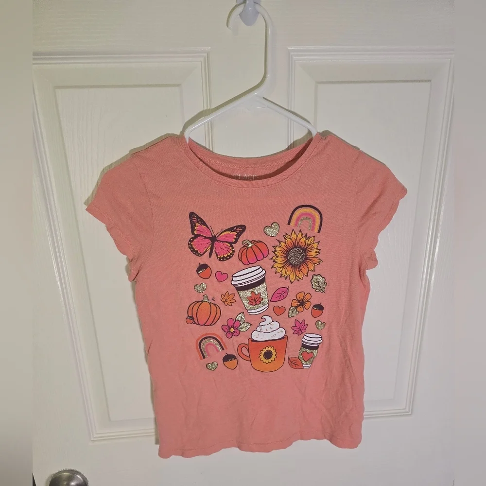 Children's Place Orange Fall Pumpkin Latte Casual Girls Tee Shirt Large